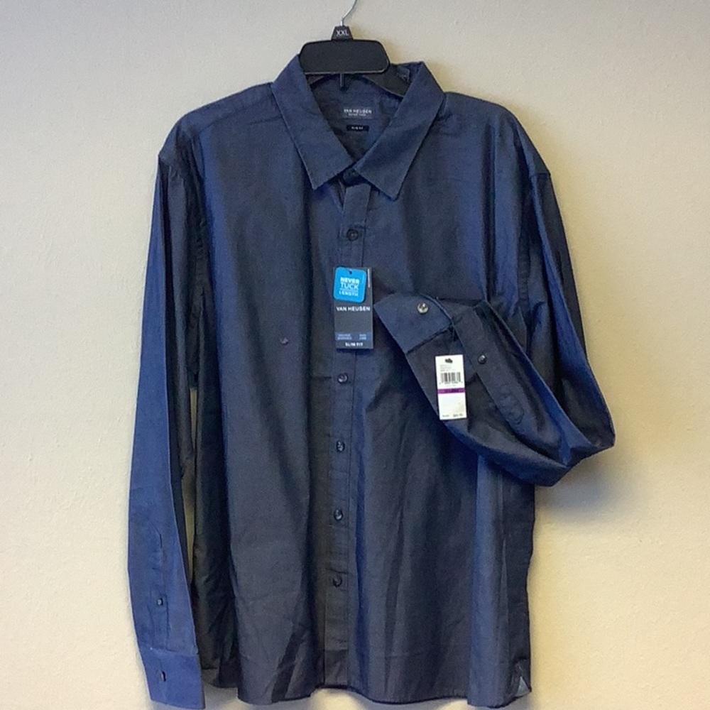Van Heusen. Never tuck. Slim fit. Long sleeve.